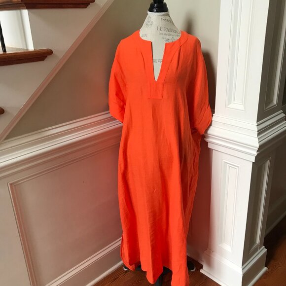 ERES Linen Bibi Kaftan Maxi Dress Womens OS Orange Short Sleeve V-Neck Cover Up - Picture 3 of 12